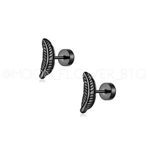 Black Stainless Steel Feather Flat Back Earrings
